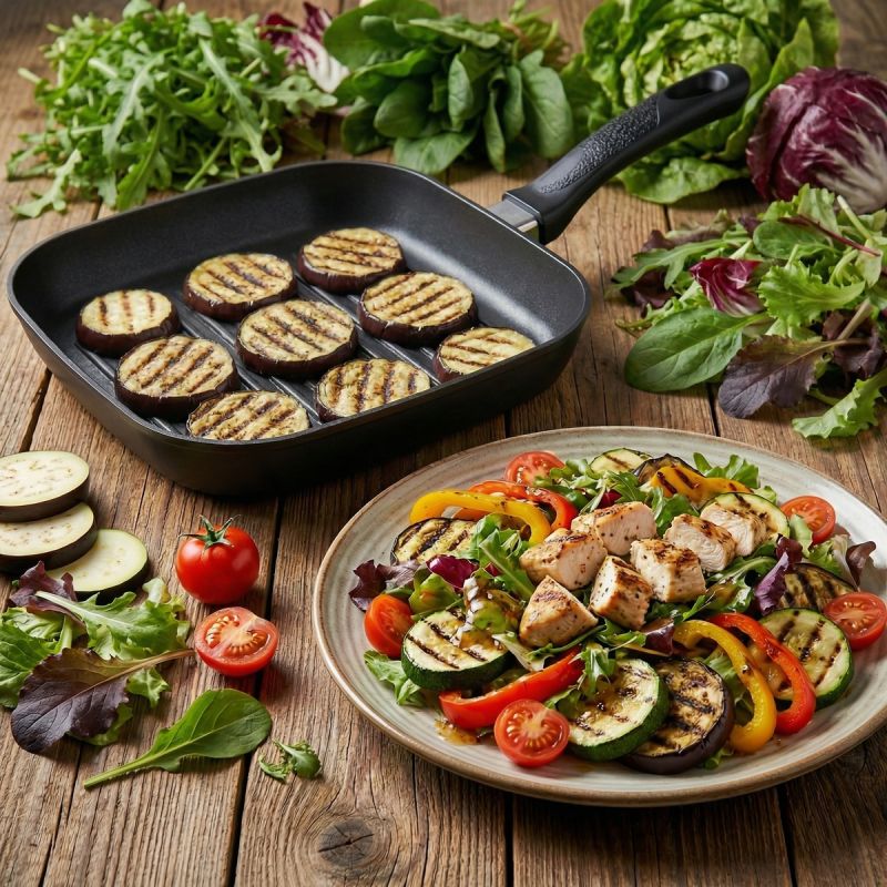Сочный теплый салат с курицей и овощами гриль